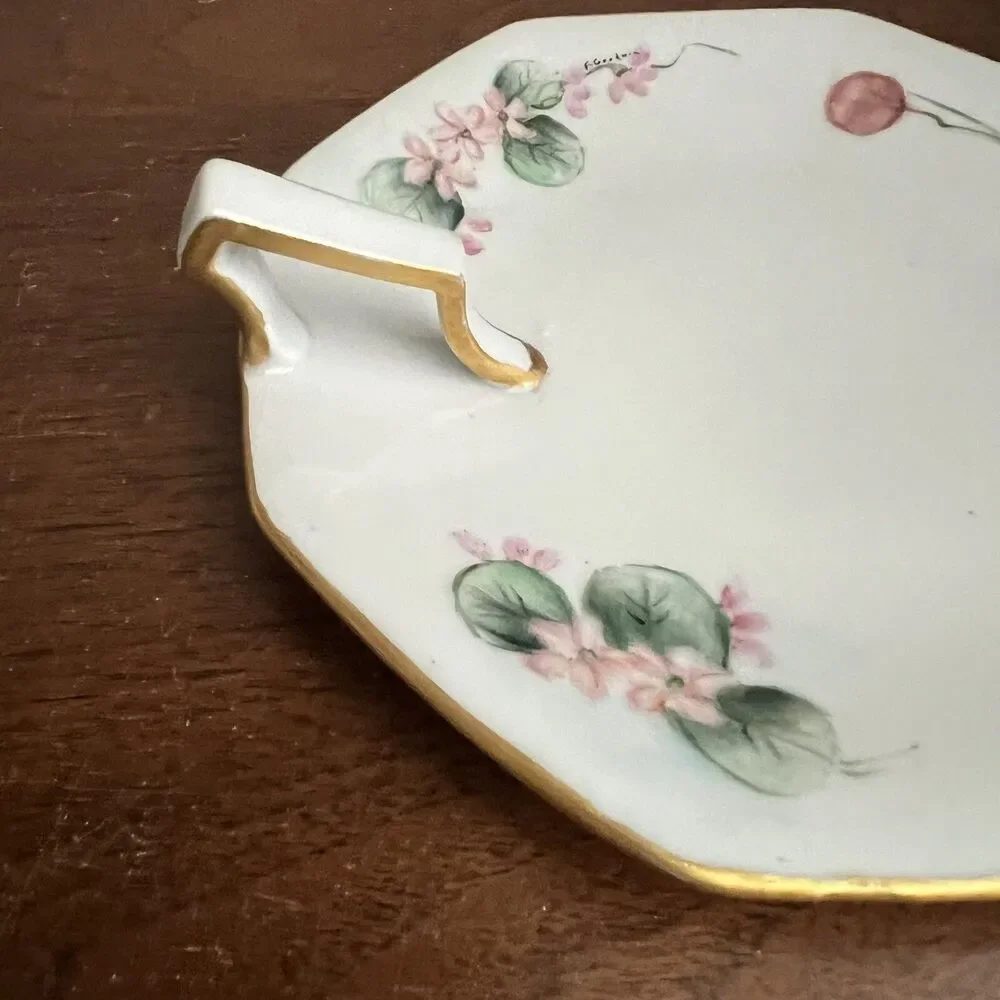Vintage Limoges China Lemon Server Dish Candy Dish w Gold Handle Signed 5.75